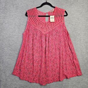 Lucky Brand Women's Size 3X Coral Crochet Floral Printed Top New